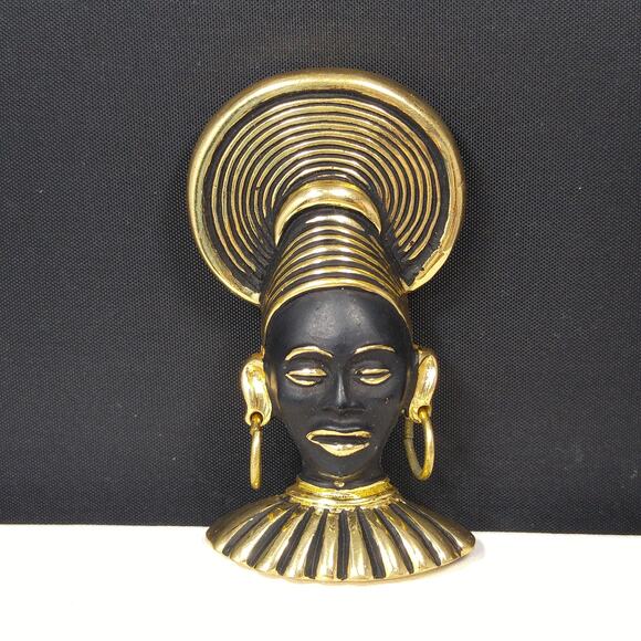 Vintage Jewelry - Vintage Art Deco Tribal Queen Black Enamel Gold Tone Brooch